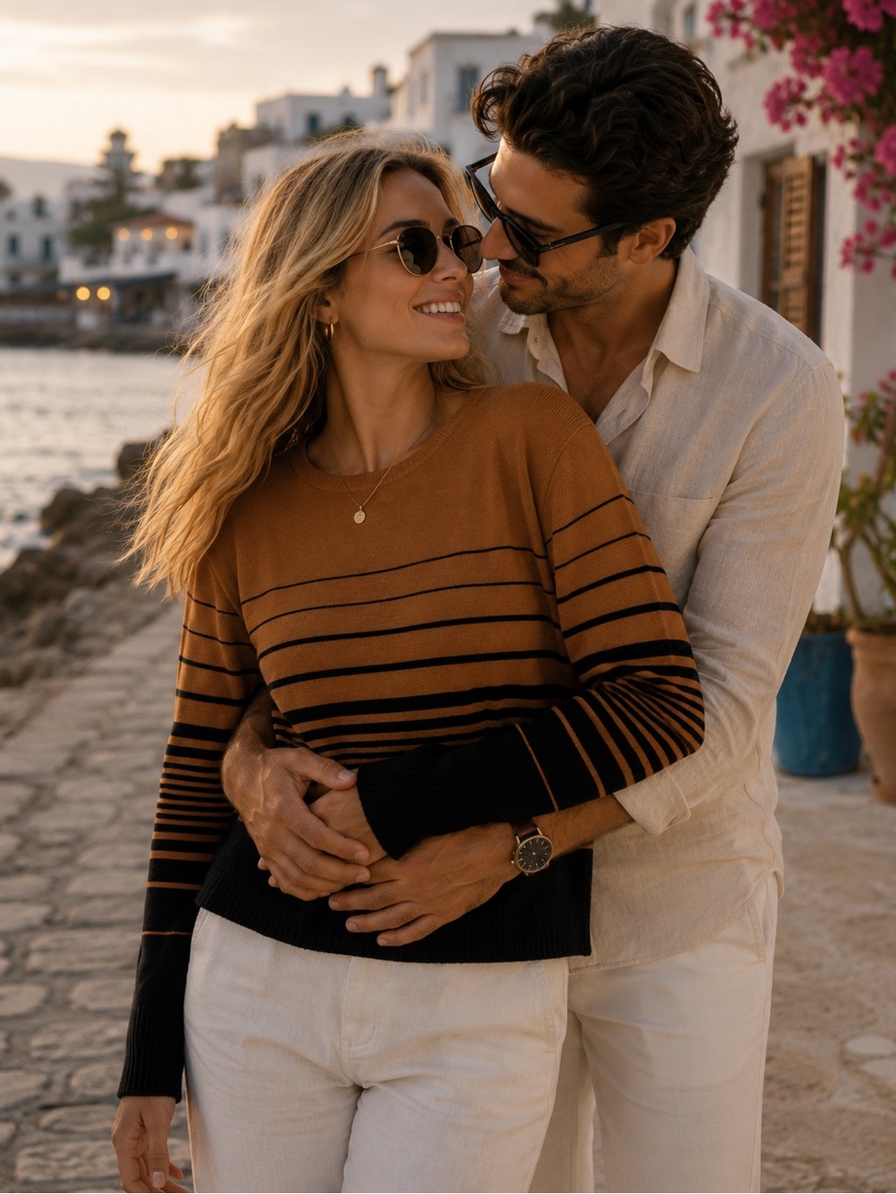 Two-Tone Striped Crewneck Sweater in Brown and Black